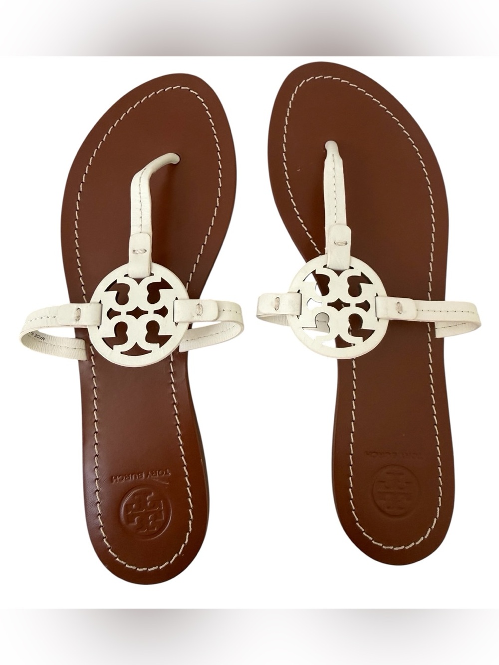 Tory Burch Gabriel Flat Thong Sandals White Leather Logo Medallion Size 9